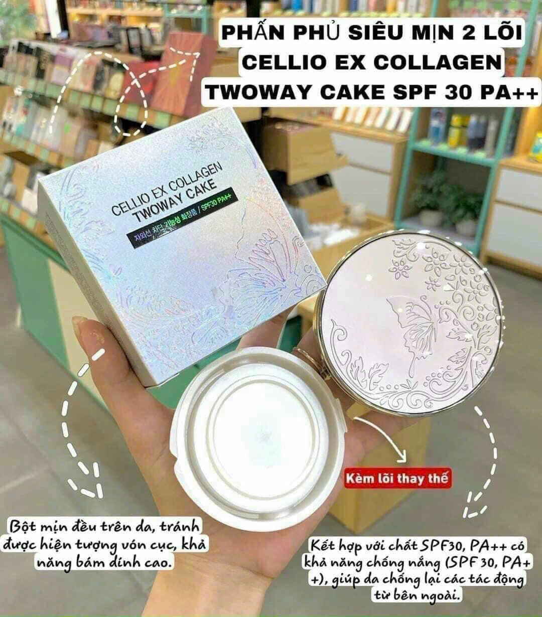 Phấn phủ siêu mịn Cellio Ex Collagen Twoway Cake Trắng 2 Lõi 30g